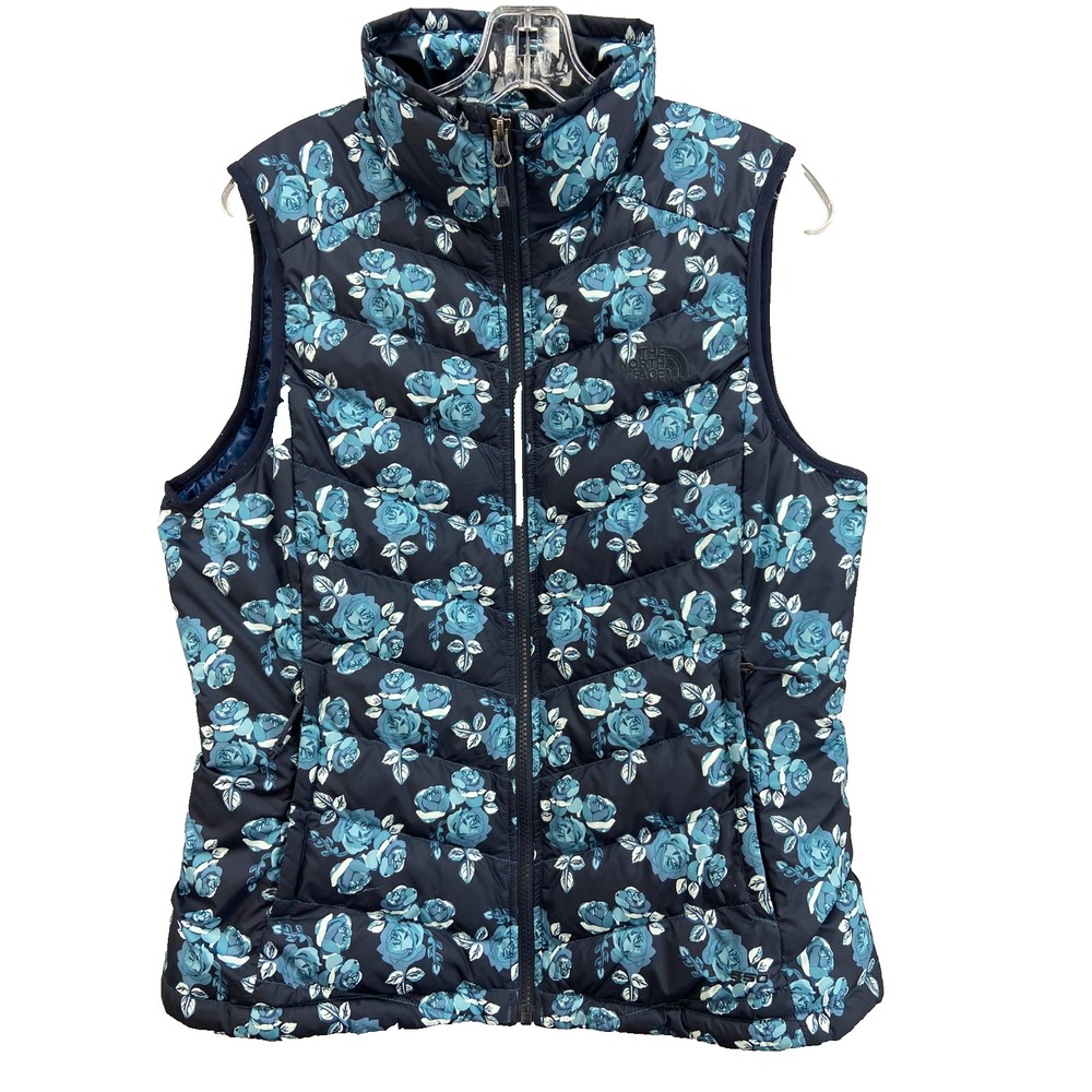 The North Face 550 Down Vest Womens Sz‎ L Blue Floral Print Full Zip Puffer